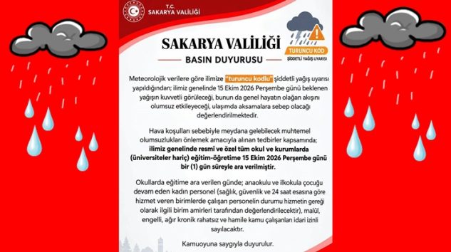T.C. Sakarya Valiliğinden İl Genelinde Okulların Tatili Duyurusu