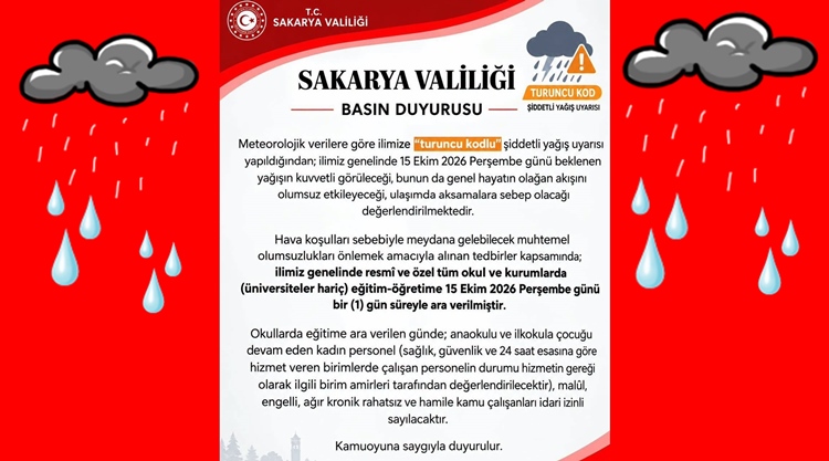 T.C. Sakarya Valiliğinden İl Genelinde Okulların Tatili Duyurusu